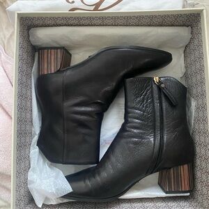 M. Gemi Corsa Concavo Black Leather Ankle Boots Wood Block Heel